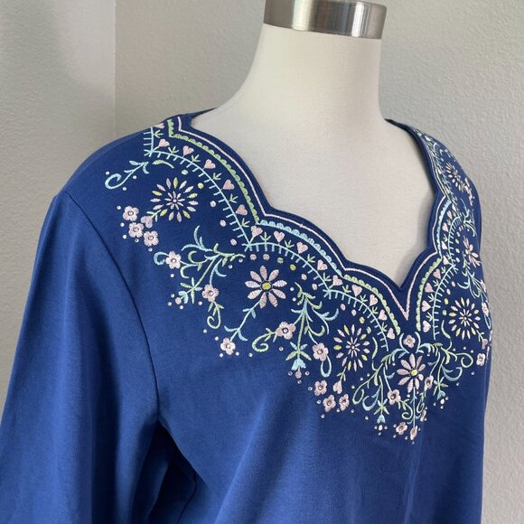 Quacker Factory Womens Plus 1X Embroidered 3/4 Sleeve Blue Top Shirt - Picture 2 of 11